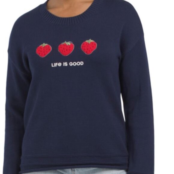 NWT LIFE IS GOOD Navy Strawberry Embroidered Graphic Cotton Pull Over Sweater - Picture 1 of 6